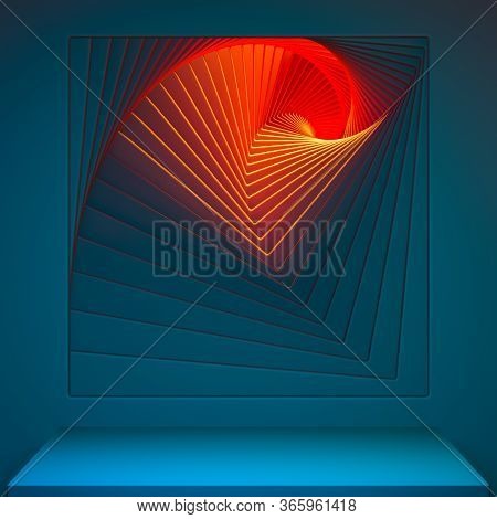 Blue Foursquare Showcase With Empty Space On Pedestal On Blue And Orange Background Near Abstract Ge