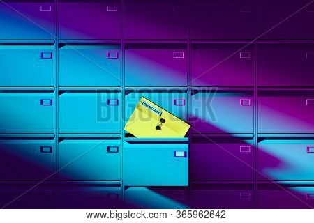 Close Up Of Violet Colored Self-service Post Terminal Machine And Open Locker With Document Case Ins