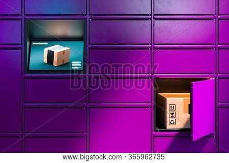 Close Up Of Violet Or Purpur Colored Self-service Post Terminal Machine And One Open Locker With Par