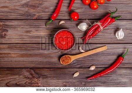 Ajvar Or Pindjur Red Vegetable Spread Or Pepper Paprika And Tomato Mousse In A Clay Bowl And Ingredi