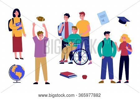 Diverse Students Set. Happy Guys And Girls With School Supplies Talking, Moving In Wheelchair Flat V