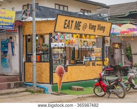 Vangvieng/lao-4 Dec 2017:street Food Cafe Or Restaurant On Vangvieng Downtown In Lao.vangvieng City 