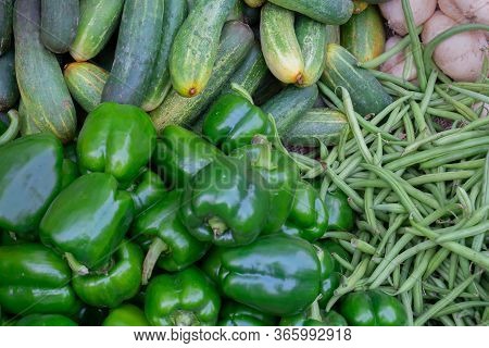 Beans, Cucumber And Capsicum - Vegetables For Sale In A Market In Territy Bazar, Kolkata, West Benga