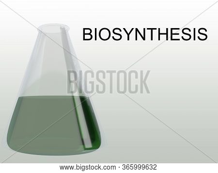 3d Illustration Of Biosynthesis Script With A Green Fluid In A Erlenmeyer Flask, Isolated Over Gray 