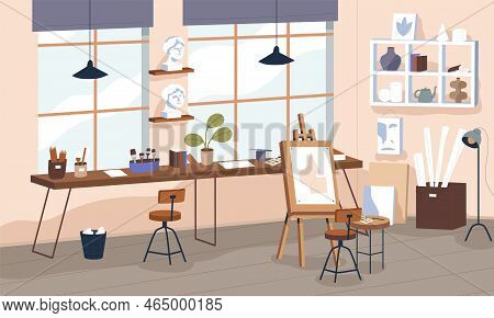 Art Class, Atelier Interior. Empty Artist Workshop With Furniture, Equipment, Supplies In Creative S