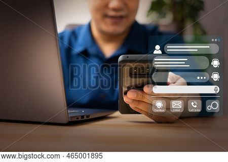 Person Use Customer Service And Support Live Chat With Chatbot And Automatic Messages, Artificial In