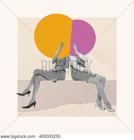 Girlfriends. Contemporary Art Collage. Two Women With Color Speech Bubble, Copy Space Instead Heads 