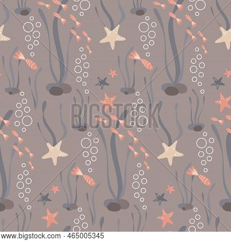 Pastel Seamless Pattern With Fish And Starfish For Summer Background In Nuatical Style. Flat Design 
