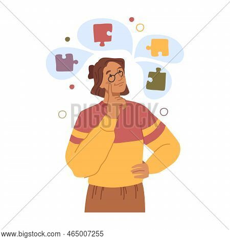 Autistic Type Thinking Or Mindset, Isolated Female Personage Thinking On Details. Reflecting On Puzz