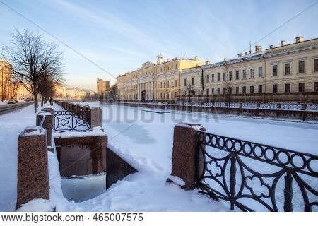 Winter Petersburg. Embankments Of The Frozen Moika River Overlooking The Yusupov Palace