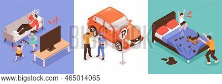 People Feeling Stress At Home And On Road Every Day Isometric Design Concept 3d Isolated Vector Illu