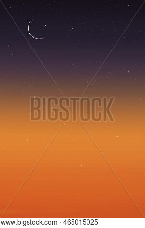 Islamic Card With Crescent Moon On Blue,orange Sky Background,vertical Banner Ramadan Kareem Night W