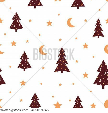 Seamless Pattern With Christmas Trees, Stars And Moons In Boho Style - Flat New Years Trees In Purpl