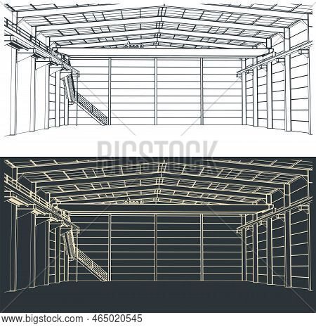Stylized Vector Illustration Of Rawings Of Industrial Hall Building Interior
