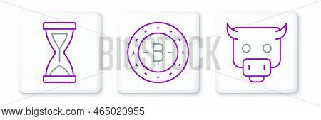Set Line Bull Market, Old Hourglass And Bitcoin Icon. Vector