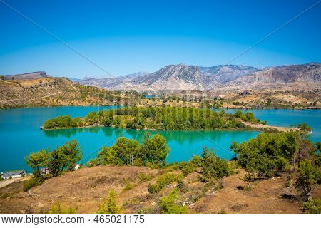 Mountain Lake. Emerald Water Reservoir Behind The Dam Oymapinar. Green Canyon In Manavgat Region, Tu
