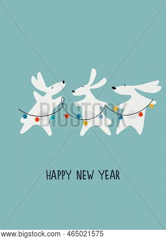 New Year Greeting Card With Water Rabbit, Zodiac Animal For 2023 And Hand-lettered Greeting Phrase