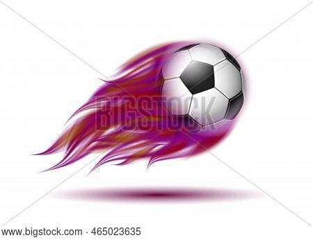 Flying Football On Fire. Soccer Ball With Bright Flame Purple Colors Trail.
