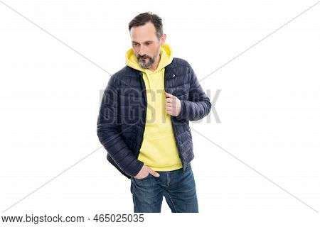 Bearded Guy Wear Warm Jacket In Studio. Autumn Jacket For Mature Guy. Warm Jacket Of Mature Guy.
