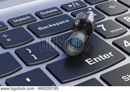 Night Vision Monocular On Computer Keyboard, 3d Rendering