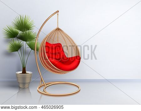 Wicker Swing Chair With Plant Interior Realistic Composition With Shadows And Glossy Floor With Brig