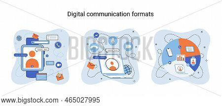 Digital Communication Formats Metaphor, Content Online Data And Social Media Streaming. Abstract Mod
