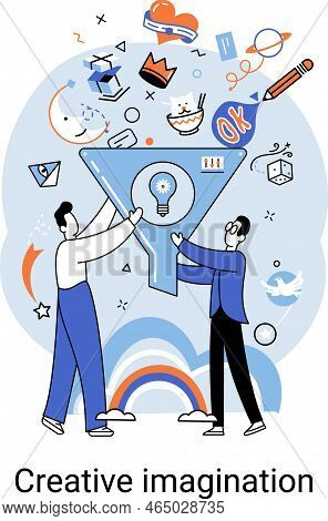 Creative Mind, Imagination Or Brainstorm Or Originative Idea Concept With Men Holding Funnel Surroun