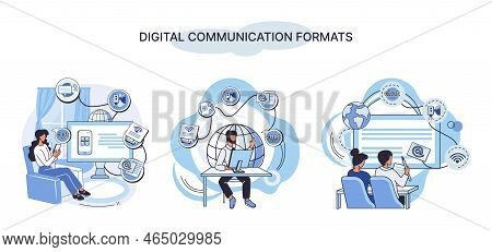 Digital Communication Formats Metaphor, Content Online Data And Social Media Streaming. Abstract Mod