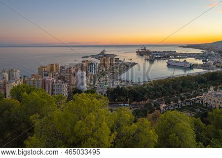 Aerial View Of Malaga Taken From Gibralfaro Castle Including Port Of Malaga,  Andalucia, Spain.