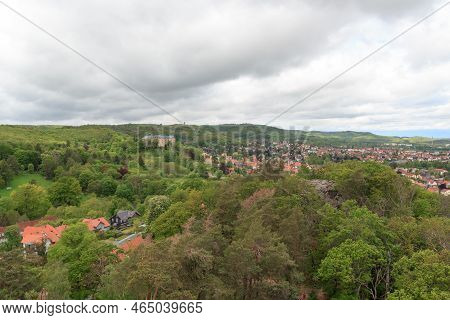 Panorama View Of Town Blankenburg With Blankenburg Castle Seen From Teufelsmauer In Harz Mountains, 