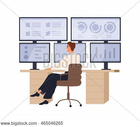 Work At Multiple-monitor Computer With Business Graphs And Charts. Big Data Analytics. Man And Infor