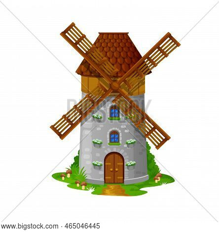 Windmill House Building Or Dwarf Dwelling. Cartoon Vector Fairytale Elf House, Fantasy Fairy Or Gnom