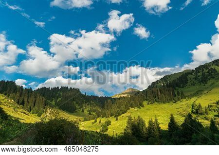 Summer Kimasar Gorge With A View Of Mount Furmanov. Popular Weekend Hiking Route In Almaty Mountains