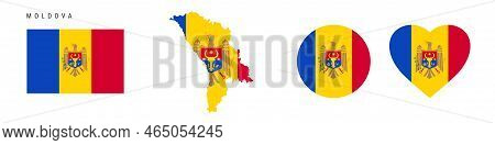 Moldova Flag Icon Set. Moldavian Pennant In Official Colors And Proportions. Rectangular, Map-shaped