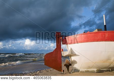 Fishing Boat On The Beach Of The Polish Baltic Coast Near Rewal