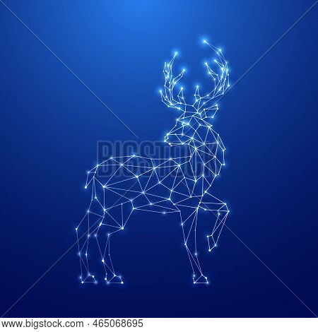 Geometric Deer Silhouette. Image Of Reindeer In The Form Of Constellation On Blue Background. Deer C