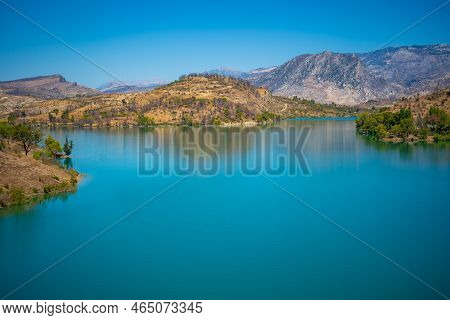 Mountain Lake. Emerald Water Reservoir Behind The Dam Oymapinar. Green Canyon In Manavgat Region, Tu