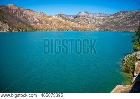 Mountain Lake. Emerald Water Reservoir Behind The Dam Oymapinar. Green Canyon In Manavgat Region, Tu