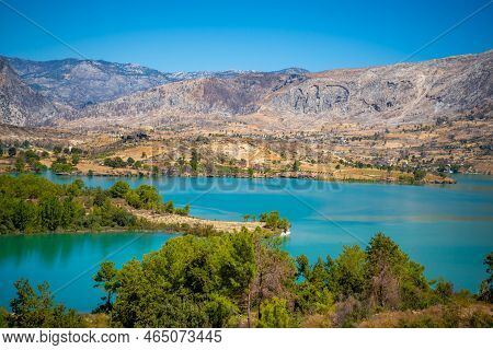 Mountain Lake. Emerald Water Reservoir Behind The Dam Oymapinar. Green Canyon In Manavgat Region, Tu