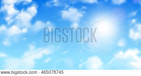 Fuzzy Sun Rays Through Scattered Clouds On Gradient Blue Sky Realistic Background Image Vector Illus