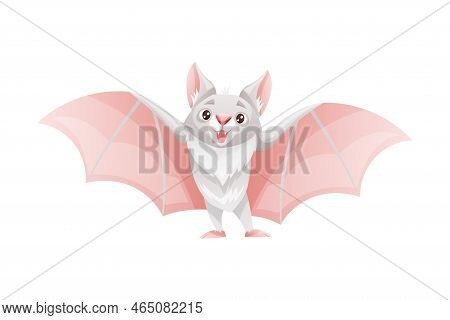 Funny Grey Bat With Cute Snout And Pointed Ears Standing With Spread Wing Vector Illustration
