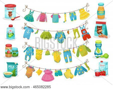 Baby Food And Clothes Hanging On Rope Drying After Laundry Vector Set