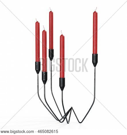 Coper Candelabras With Candles On The White Surface. 3d Render