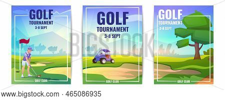 Vector Cartoon Flyers Or Golf Tournament Posters With Player Man. Golfer Person With Putter And Whit
