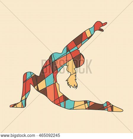 Silhouette Of Human Standind In Yoga Position In Mosaic Style. Abstract Geometric Irregular Mosaic.