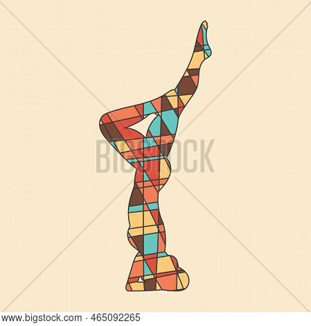 Silhouette Of Human Standind In Yoga Position In Mosaic Style. Abstract Geometric Irregular Mosaic.
