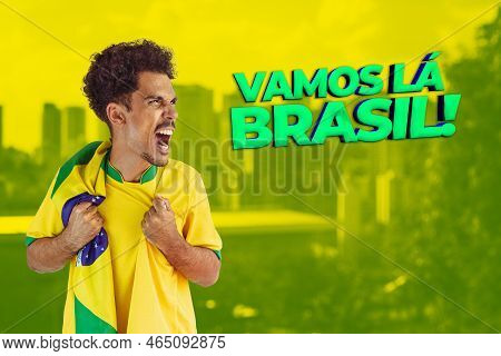 Handsome Black Young Man, Brazilian Player Holding Brazil Flag On Cinematic Background.