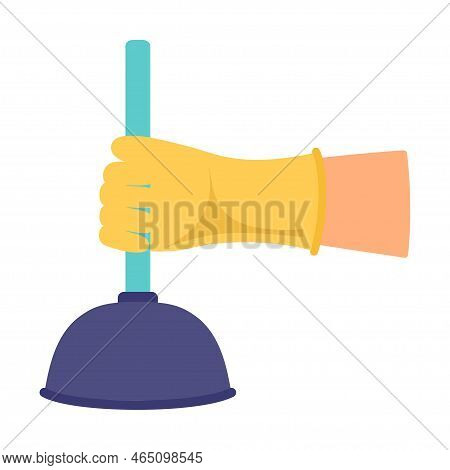 Vector Illustration Of Hand In Glove Holding Plunger Isolated On Ehite Background, Cleaning Or Plumb