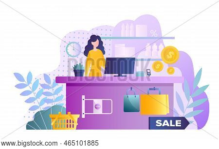 Seller At Work. Woman Stands At Checkout And Punches Through Goods. Owner Of Small Business, Young G