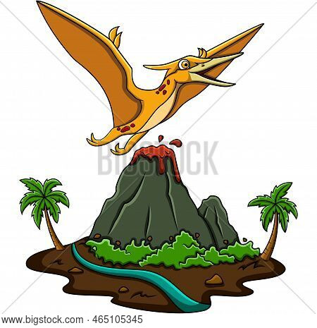 Cartoon Pteranodonflying In The Jungle With Background